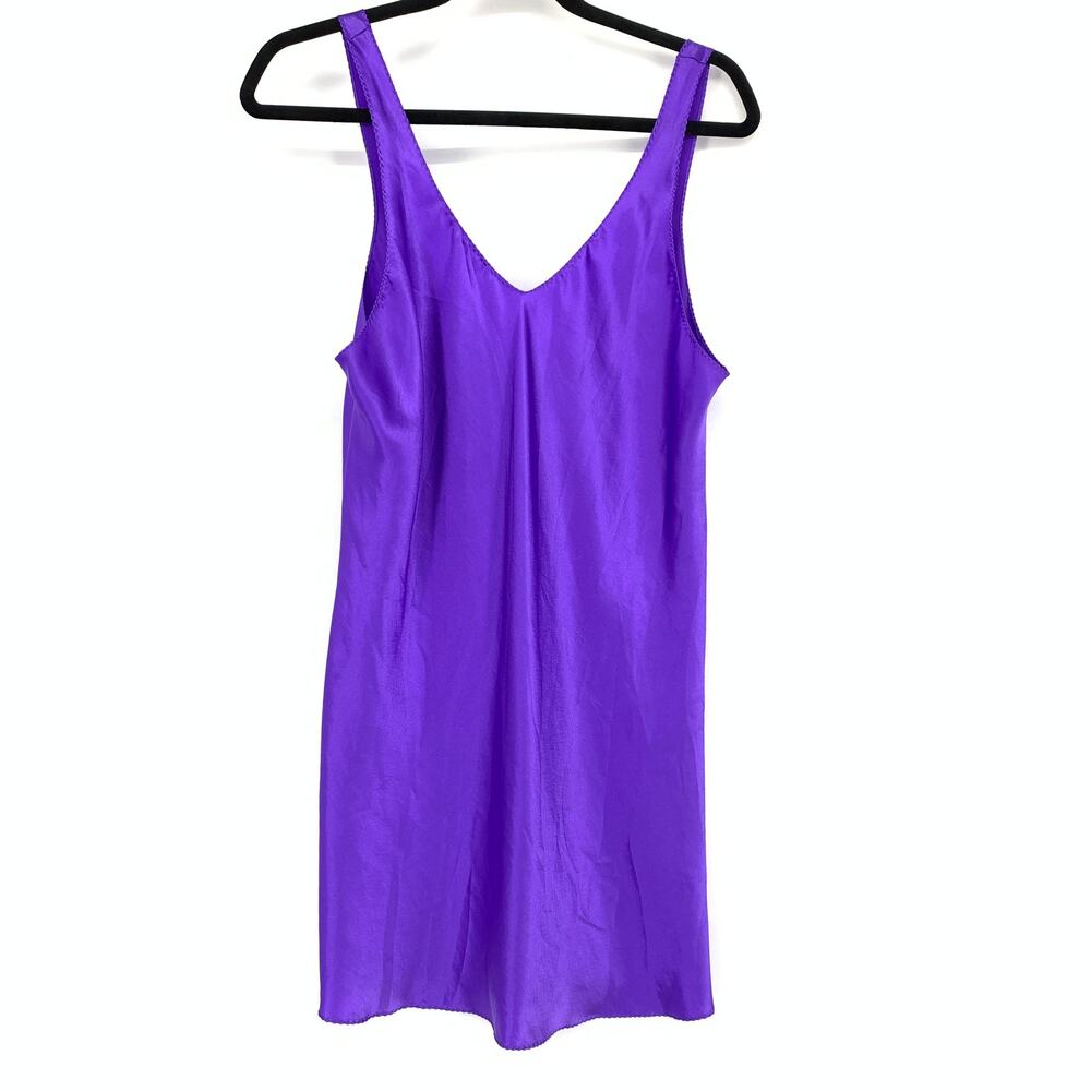 Vintage 90s Satin Slip Lingerie Dress Womens Size Large Purple V-Neck